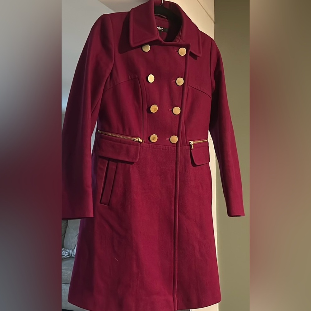 Used DKNY Magenta Pea Coat. Size 2. (Minor scuffs on buttons- shown in pics)